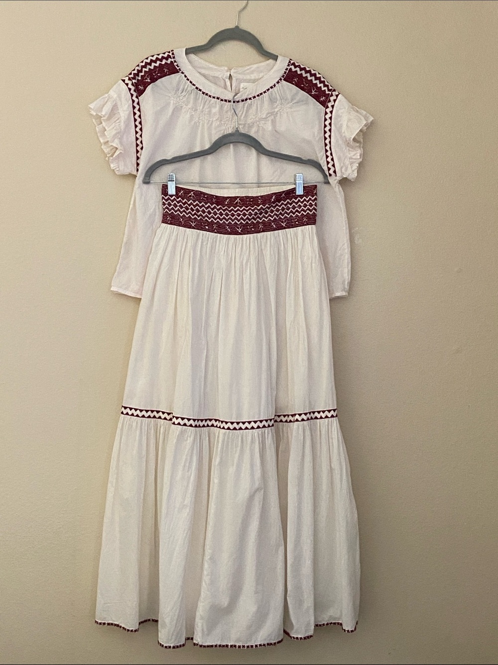 FLANNEL Gorgeous Embroidered Tiered Two-Piece Maxi Set Cottage Boho, Retail $925